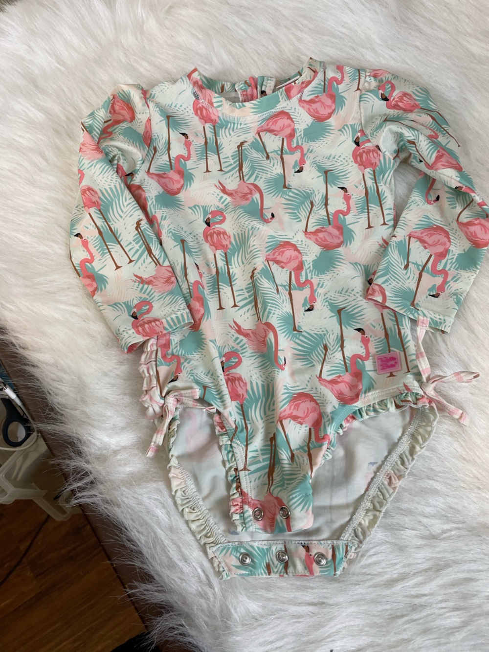 Ruffle Butts Mint and Pink Flamingo Long-Sleeve One-Piece